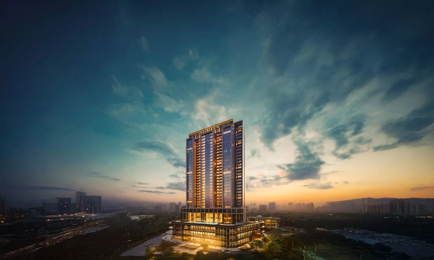 Elevation view of Sobha Strada commercial tower showcasing its modern glass facade, high-rise structure, and illuminated podium.