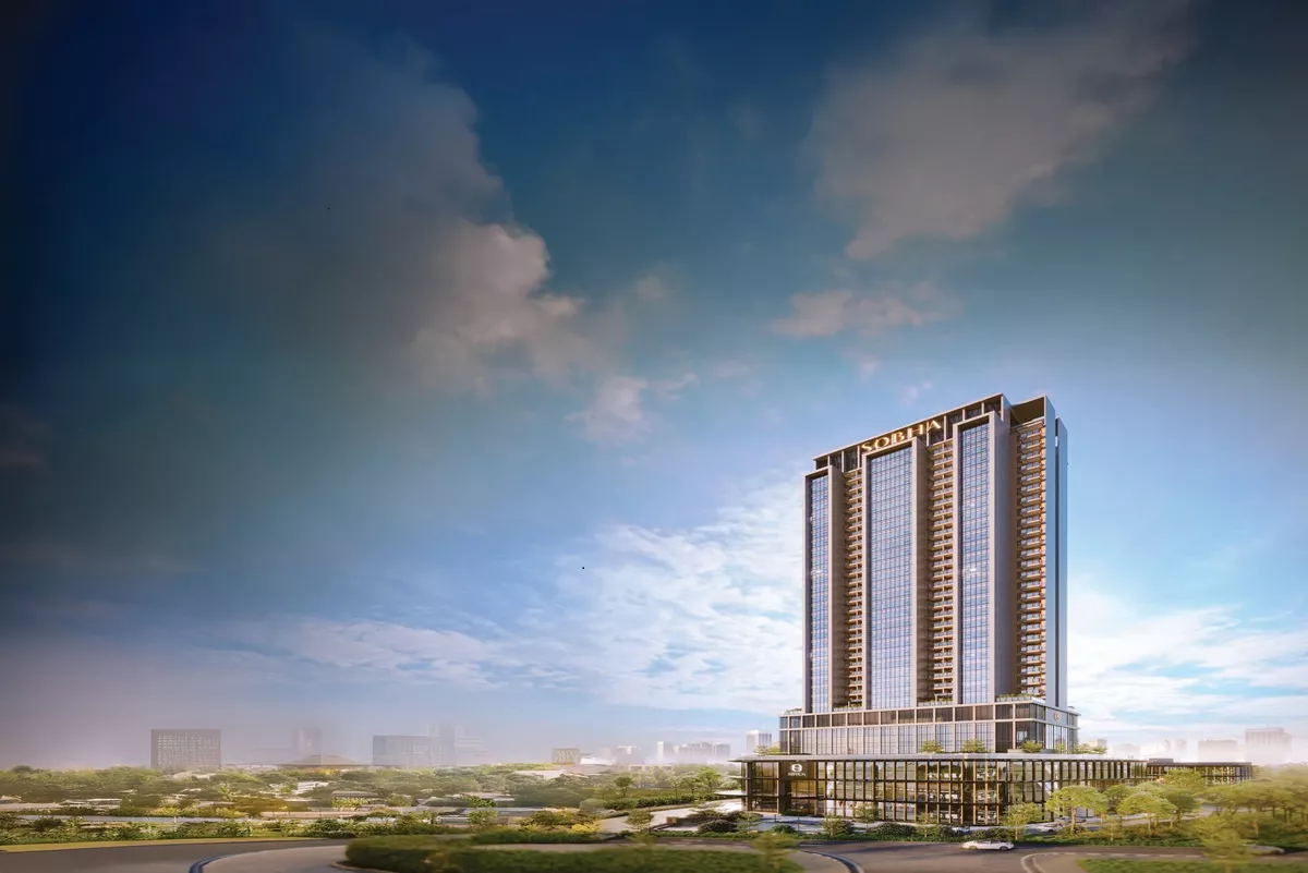 Elevation view of Sobha Strada commercial high-rise with modern glass facade and expansive podium levels